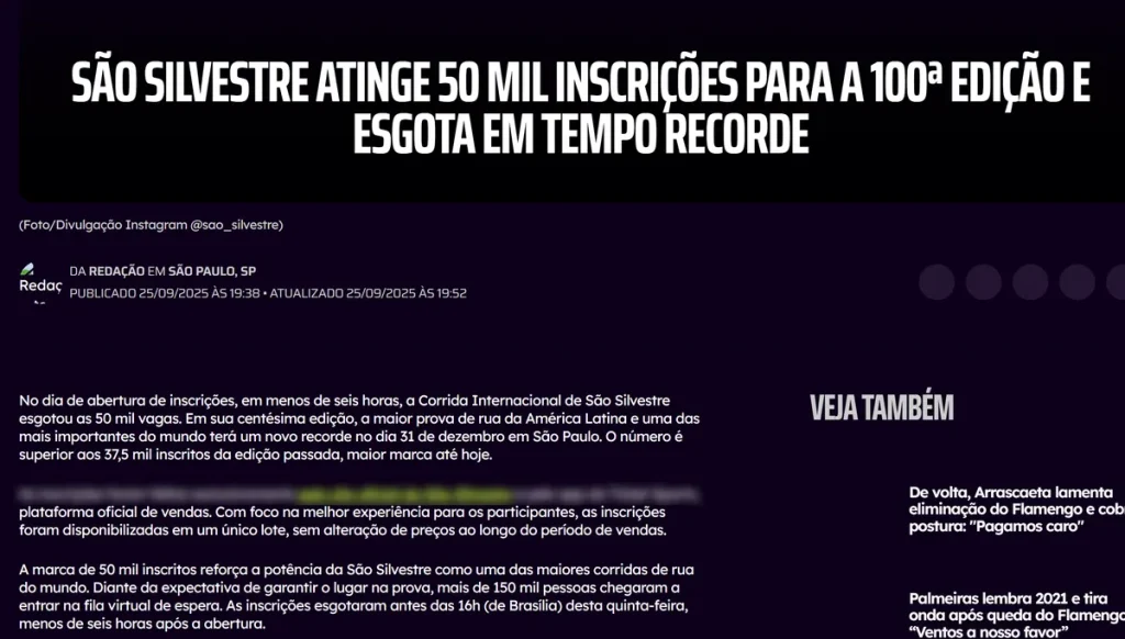Notícia: São Silvestre atinge 50 mil inscrições para a 100ª edição e esgota em tempo recorde