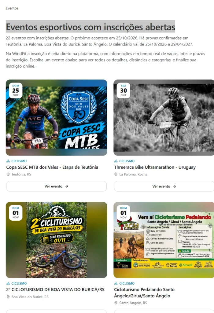 Lista de eventos com inscrições abertas na plataforma WindFit, quase todos de ciclismo